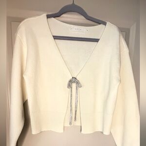 Astr Cream V-Neck Cardigan with Silver Bow Accent- WOT oversized